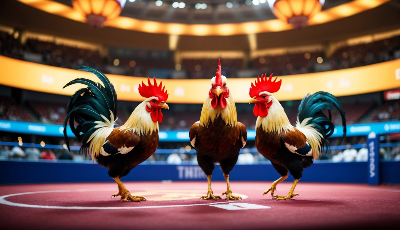 Arena sabung ayam online yang hidup dengan ayam jantan animasi dalam aksi waktu nyata