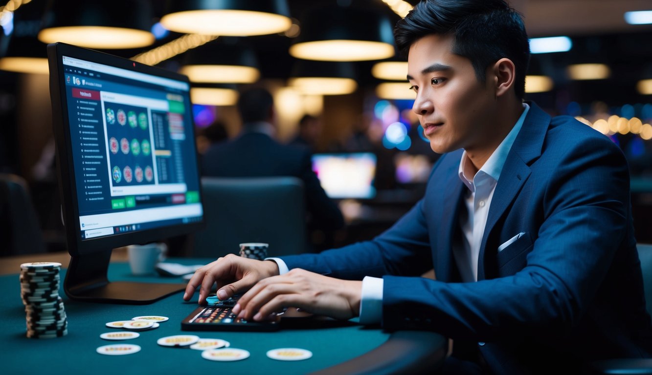 Seseorang yang duduk di depan komputer, bermain blackjack online dengan ekspresi fokus. Chip dan kartu tersebar di meja virtual.