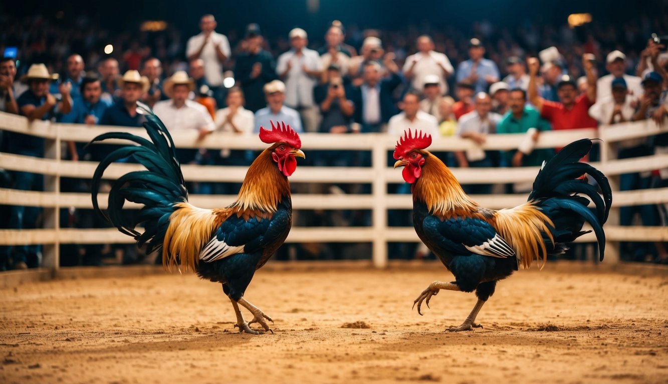 Sebuah arena yang ramai dengan penonton yang bersorak dan dua ayam jantan yang terlibat dalam pertarungan ayam yang sengit dan berkualitas tinggi.