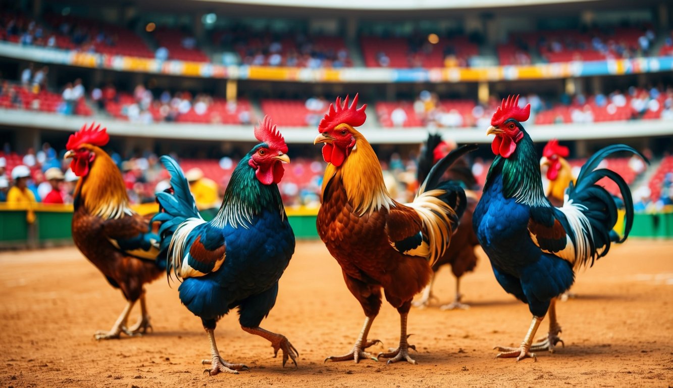 Sebuah arena sabung ayam yang hidup dengan ayam jantan berwarna-warni dan penonton yang bersorak