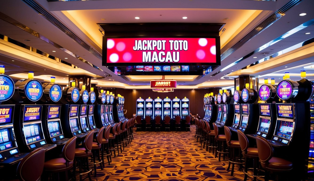 Lantai kasino yang terang benderang dengan deretan mesin slot, lampu berkedip, dan tampilan digital besar yang bertuliskan "Jackpot Toto Macau."