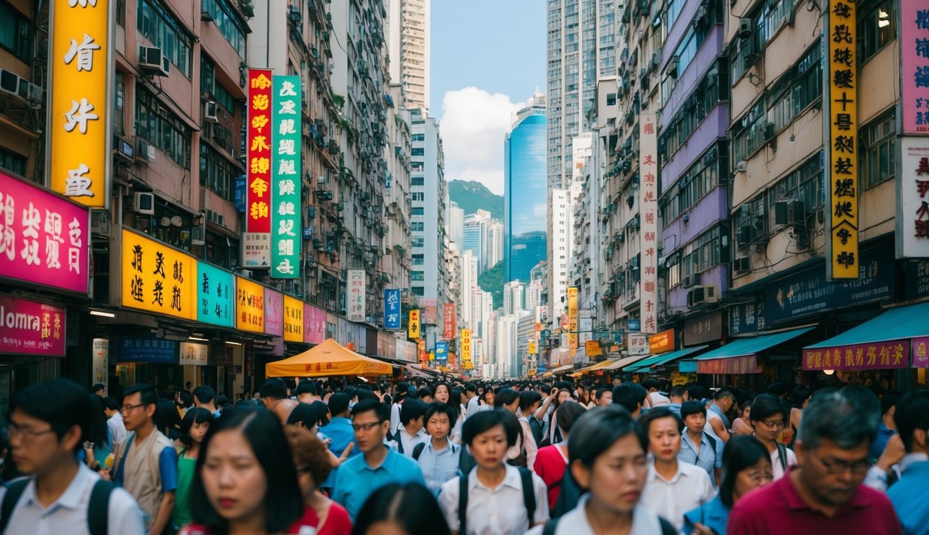 Sebuah jalan yang ramai di Hong Kong dengan tanda-tanda berwarna-warni, dipenuhi orang-orang dan dikelilingi oleh gedung-gedung tinggi