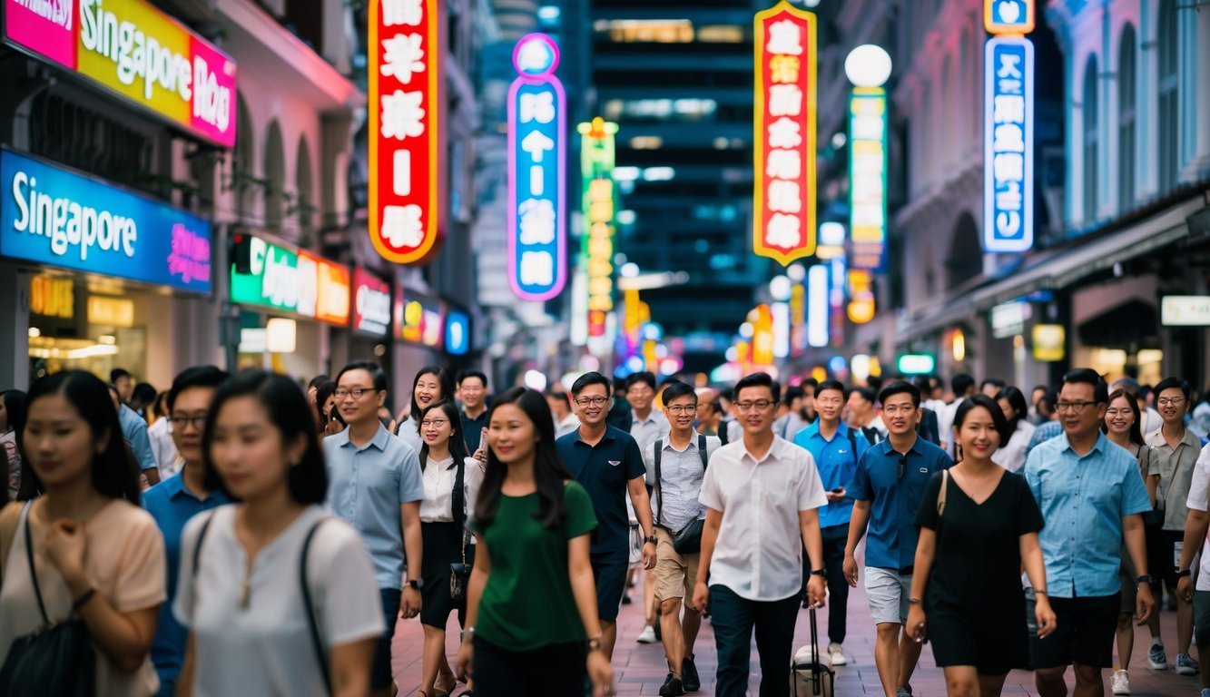 Sebuah jalan yang ramai di Singapura dengan tanda neon berwarna-warni dan kerumunan orang yang berjalan lewat