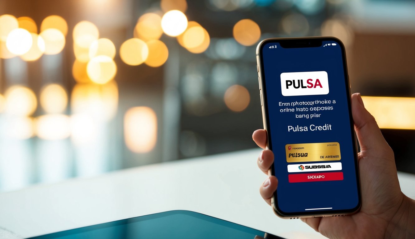 Sebuah smartphone dengan aplikasi terbuka untuk melakukan setoran online menggunakan kredit pulsa