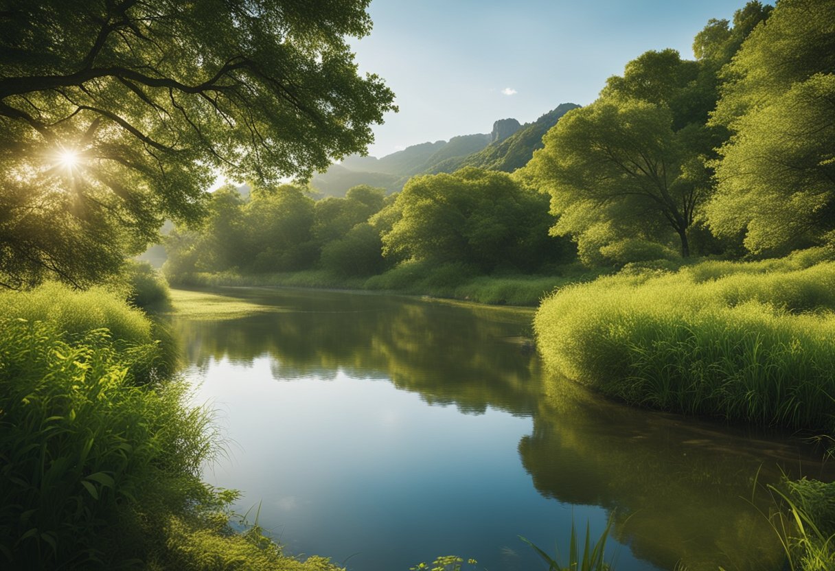 A serene landscape with a peaceful river, lush greenery, and a clear blue sky, evoking a sense of tranquility and positivity