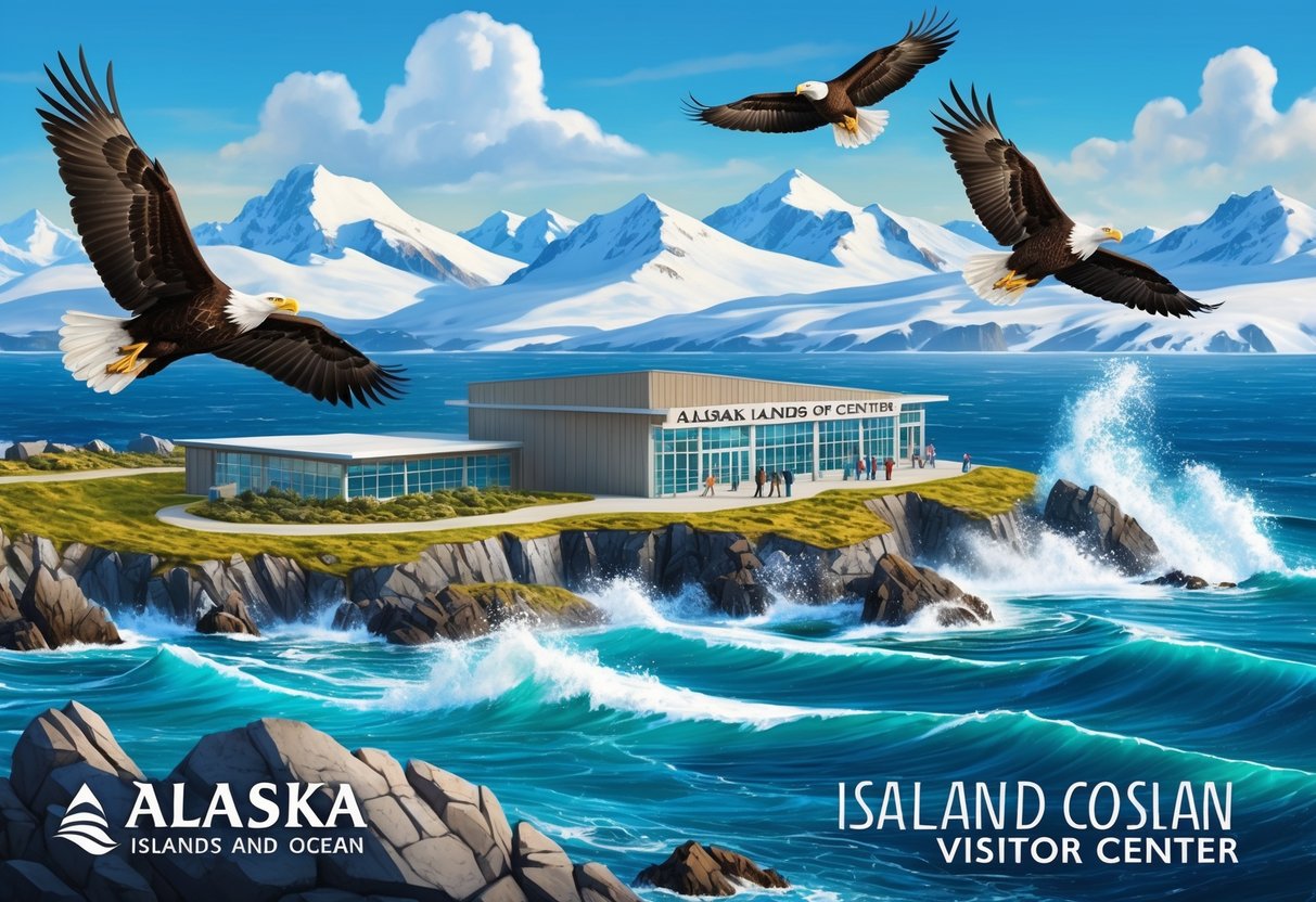 The Alaska Islands and Ocean Visitor Center overlooks a rugged coastline, with crashing waves and soaring bald eagles against a backdrop of snow-capped mountains