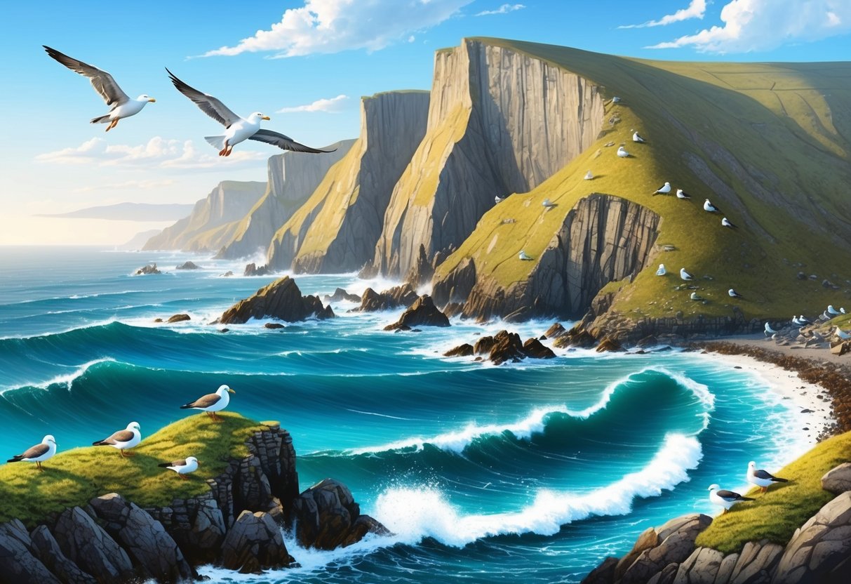 A rugged coastline with towering cliffs, crashing waves, and a variety of seabirds nesting on the rocky outcrops