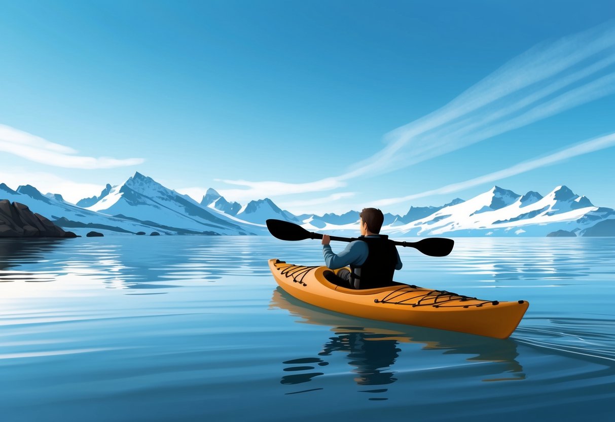 A kayak glides through calm waters near Homer, with snow-capped mountains in the distance and a clear blue sky overhead