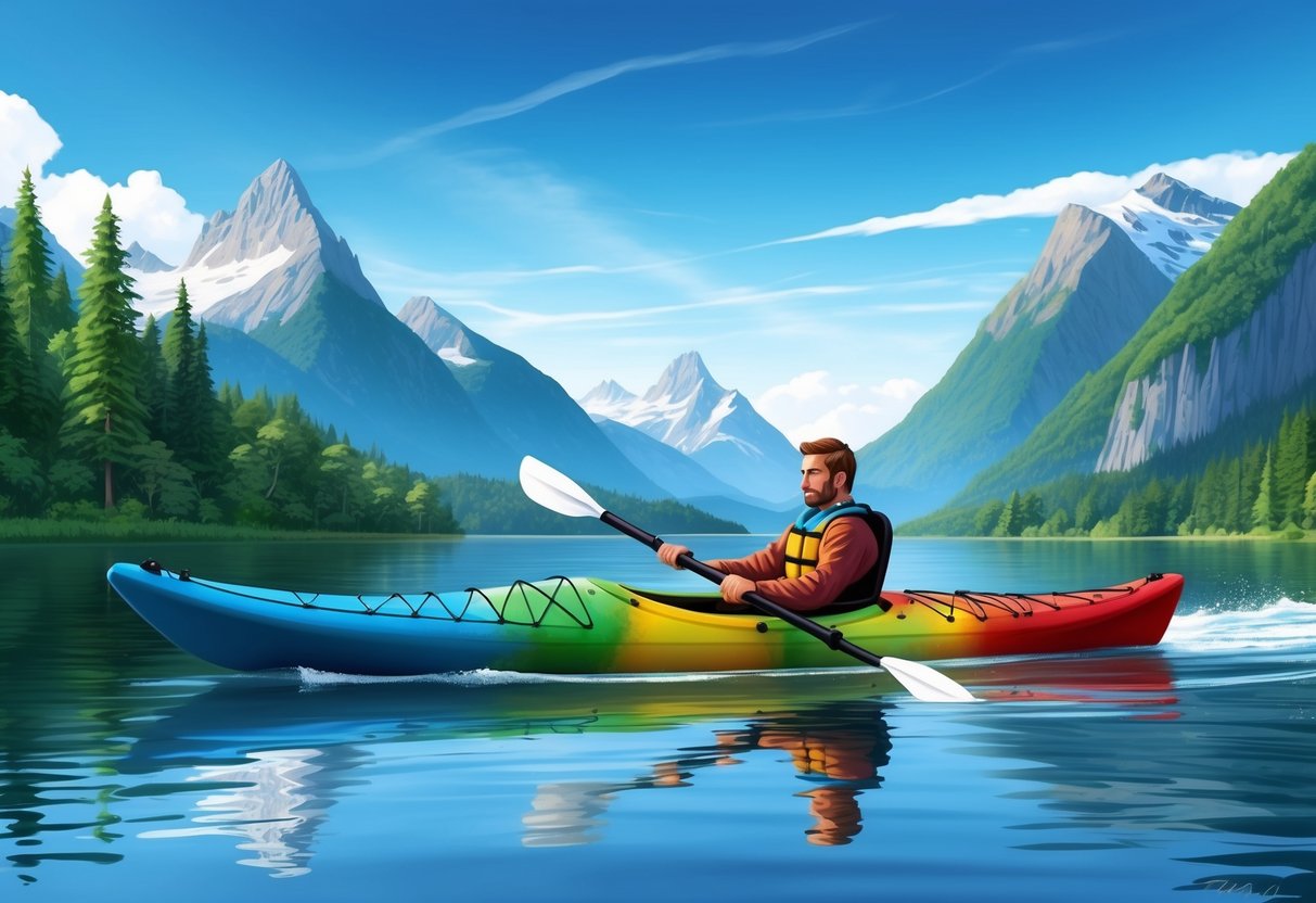A colorful kayak glides through calm waters, surrounded by towering mountains and lush green forests, with a clear blue sky overhead