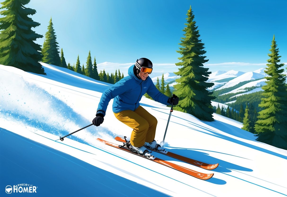 A skier glides down a snowy slope in Homer, surrounded by tall evergreen trees and a clear blue sky