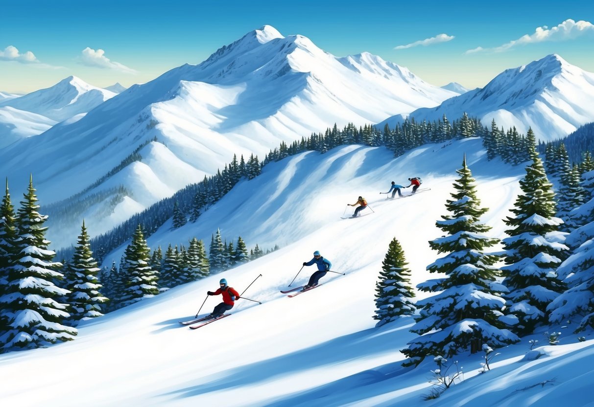 A snow-covered mountain landscape with skiers gliding down the slopes, surrounded by pine trees and a clear blue sky