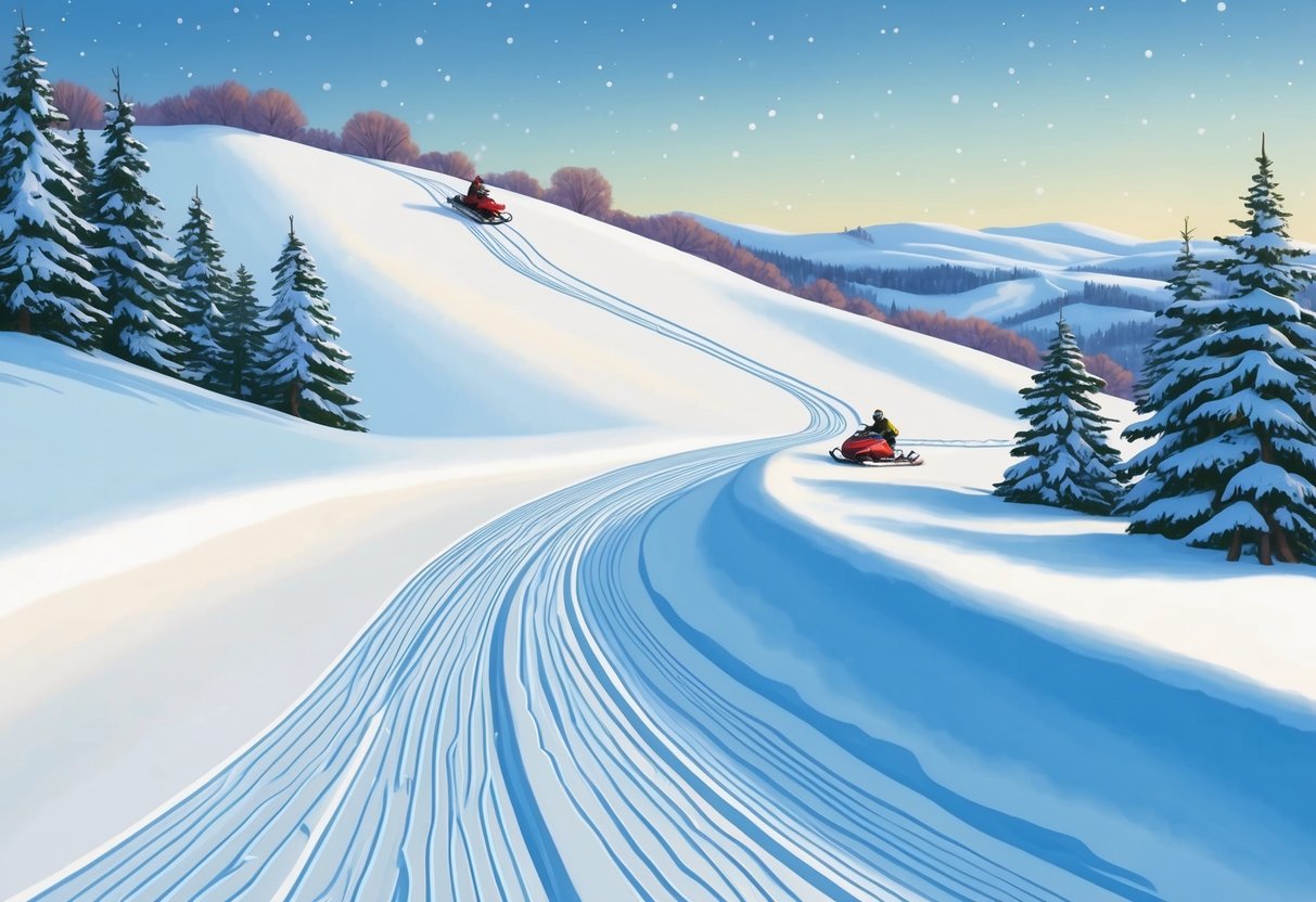 A snowy hillside with sledding tracks and snowmobile trails winding through the winter landscape in Homer