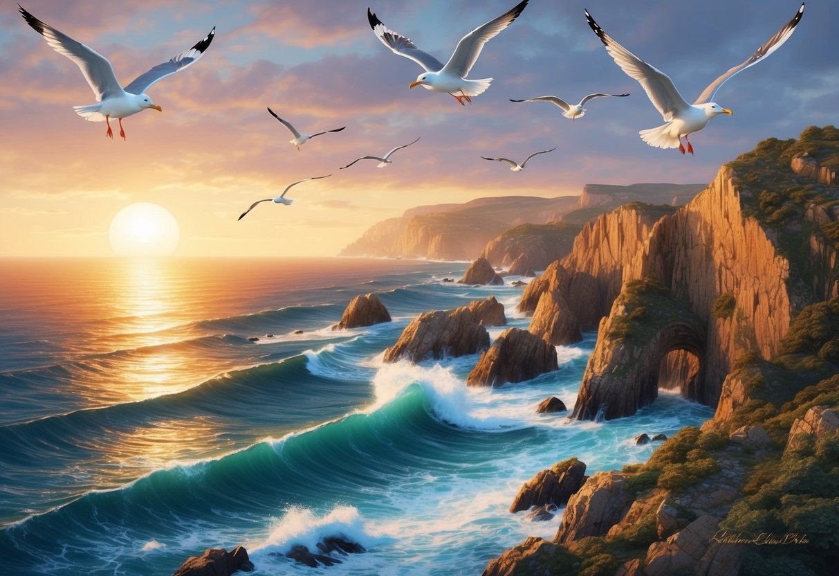 The sun setting over the rugged coastline, casting a golden glow on the rocky cliffs and crashing waves. Seagulls soar overhead, adding to the picturesque scene