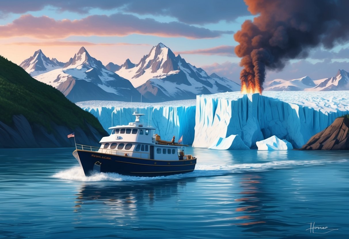 A boat navigates icy waters near towering glaciers and smoking volcanoes in Homer, Alaska