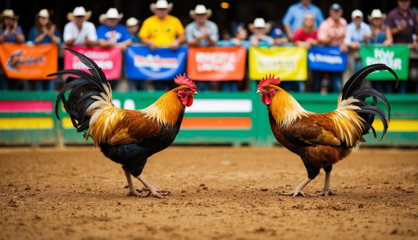 Dua ayam jantan berhadapan di dalam arena tanah, dikelilingi oleh penonton yang bersorak dan spanduk berwarna-warni