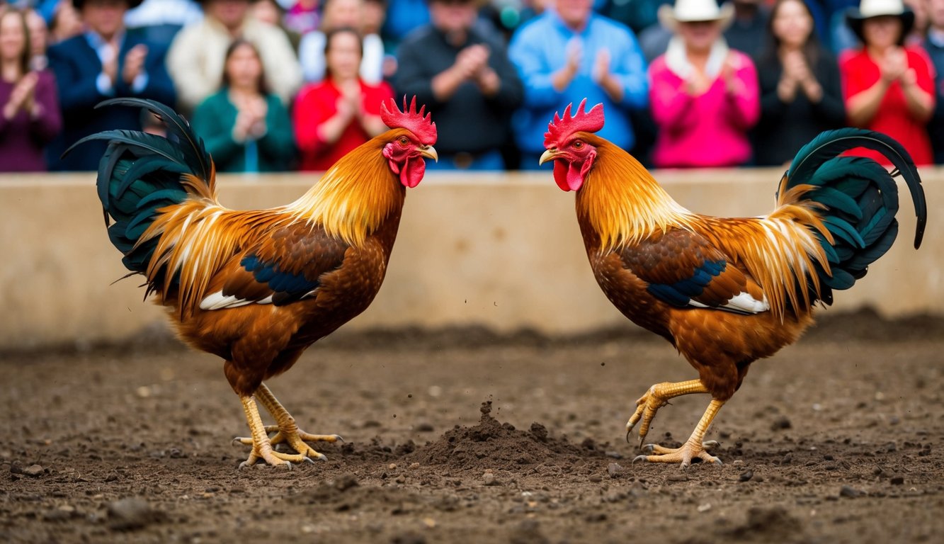 Dua ayam jantan berhadapan di dalam lubang tanah, dikelilingi oleh penonton yang bersorak