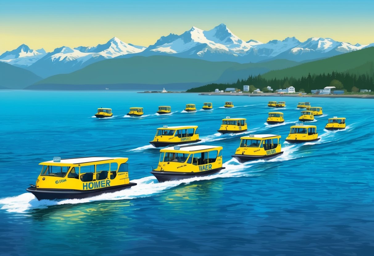 A colorful fleet of water taxis glides through the serene blue waters of Homer, Alaska, with the picturesque mountains and coastline in the background