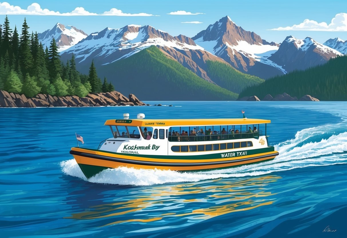 A water taxi cruises through Kachemak Bay State Park, surrounded by rugged coastline, lush forests, and snow-capped mountains