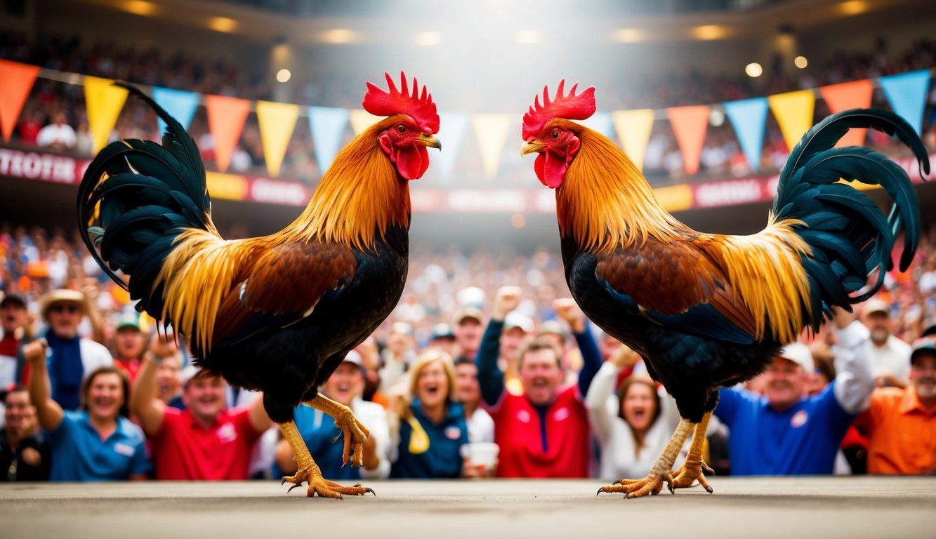 Dua ayam jantan saling berhadapan di arena yang ramai, dikelilingi oleh penonton yang bersorak dan spanduk berwarna-warni