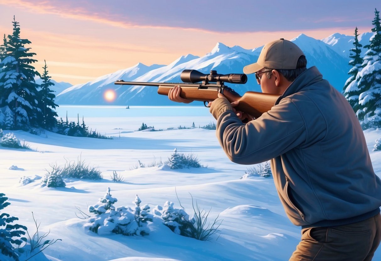 A hunter in Homer, Alaska, aiming a rifle at a distant target in the snow-covered wilderness