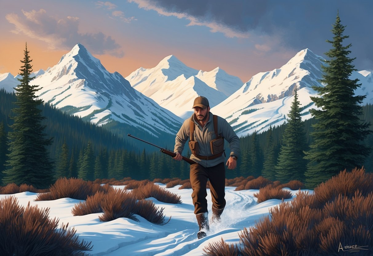 A hunter stalking through the Alaskan wilderness, surrounded by snow-capped mountains and dense evergreen forests