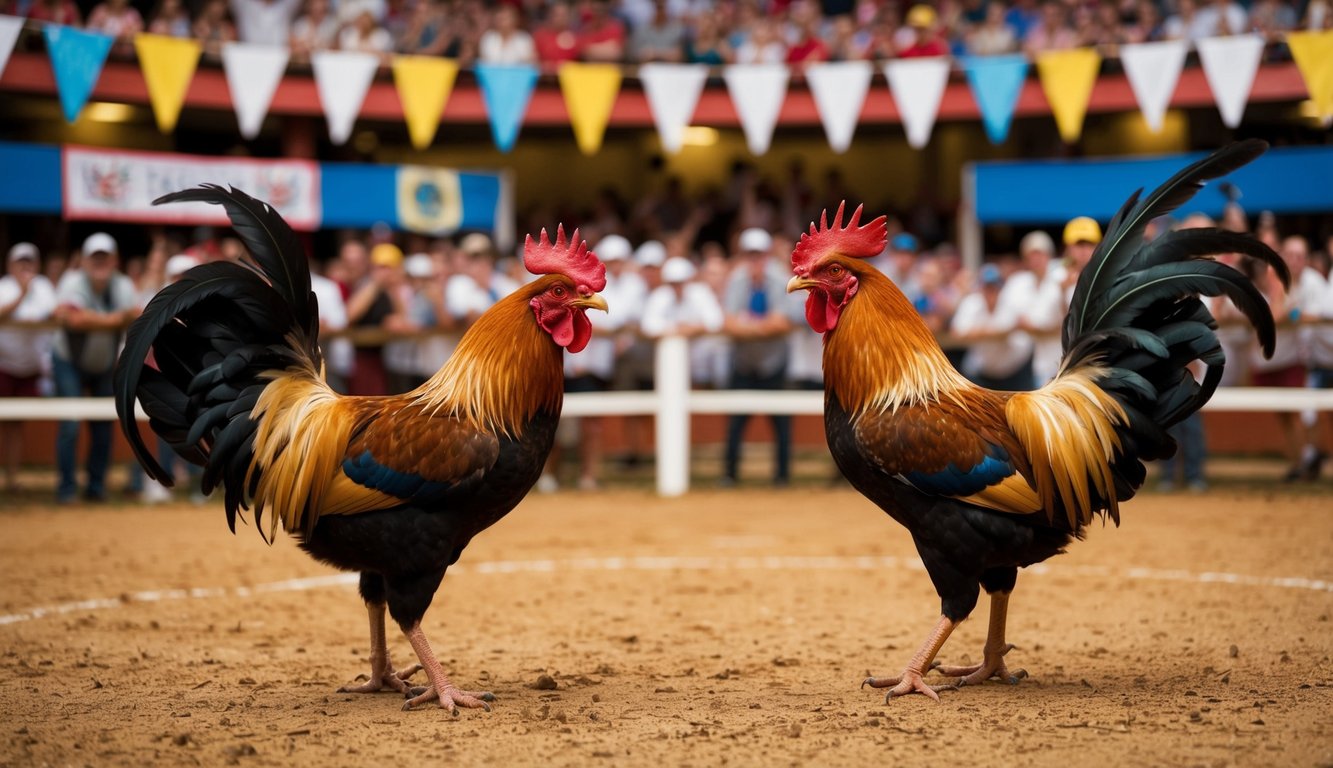 Dua ayam jantan saling berhadapan di arena yang ramai, dikelilingi oleh penonton yang bersorak dan spanduk berwarna-warni. Burung-burung itu siap untuk bertarung, bulu-bulu mengembang dan paruh-paruh terbuka dalam antisipasi.