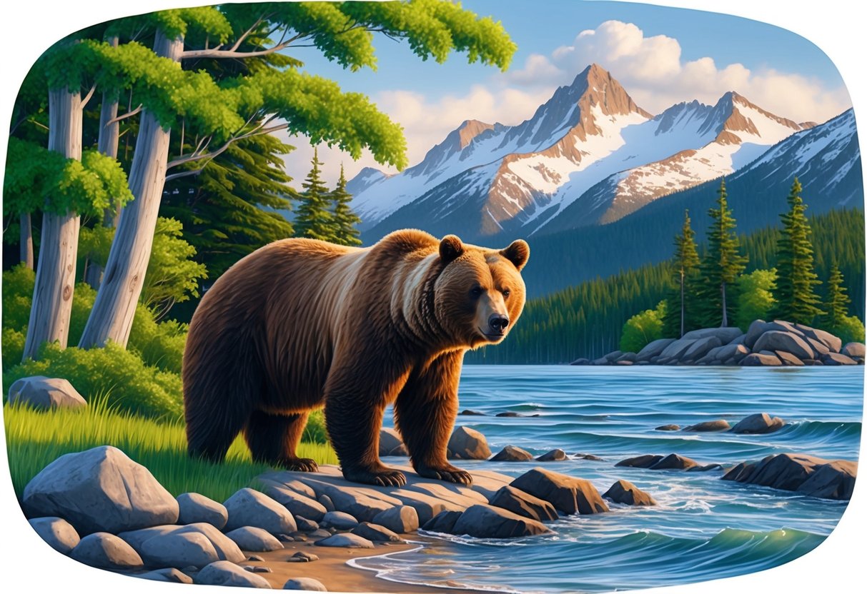 A bear stands on a rocky shore, surrounded by lush green trees and snow-capped mountains in the background