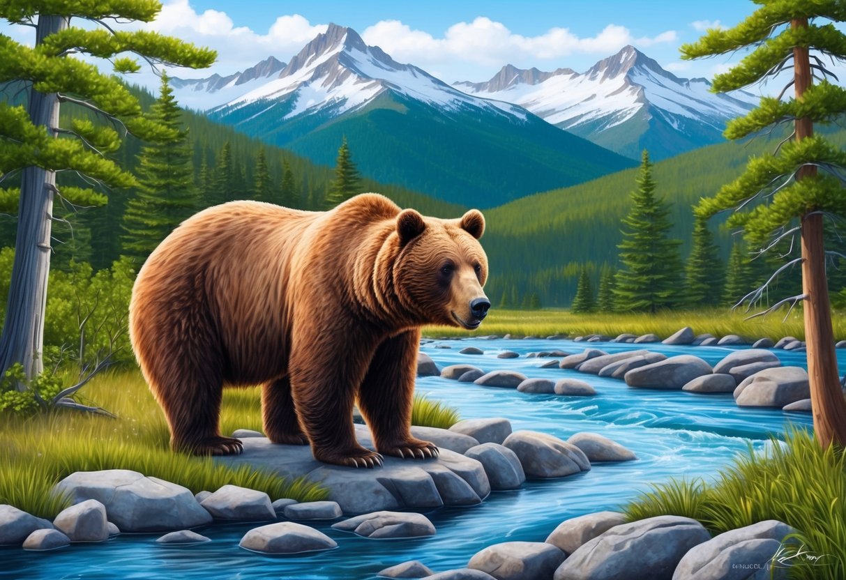 A bear stands on a rocky riverbank, surrounded by lush green trees and snow-capped mountains in the distance