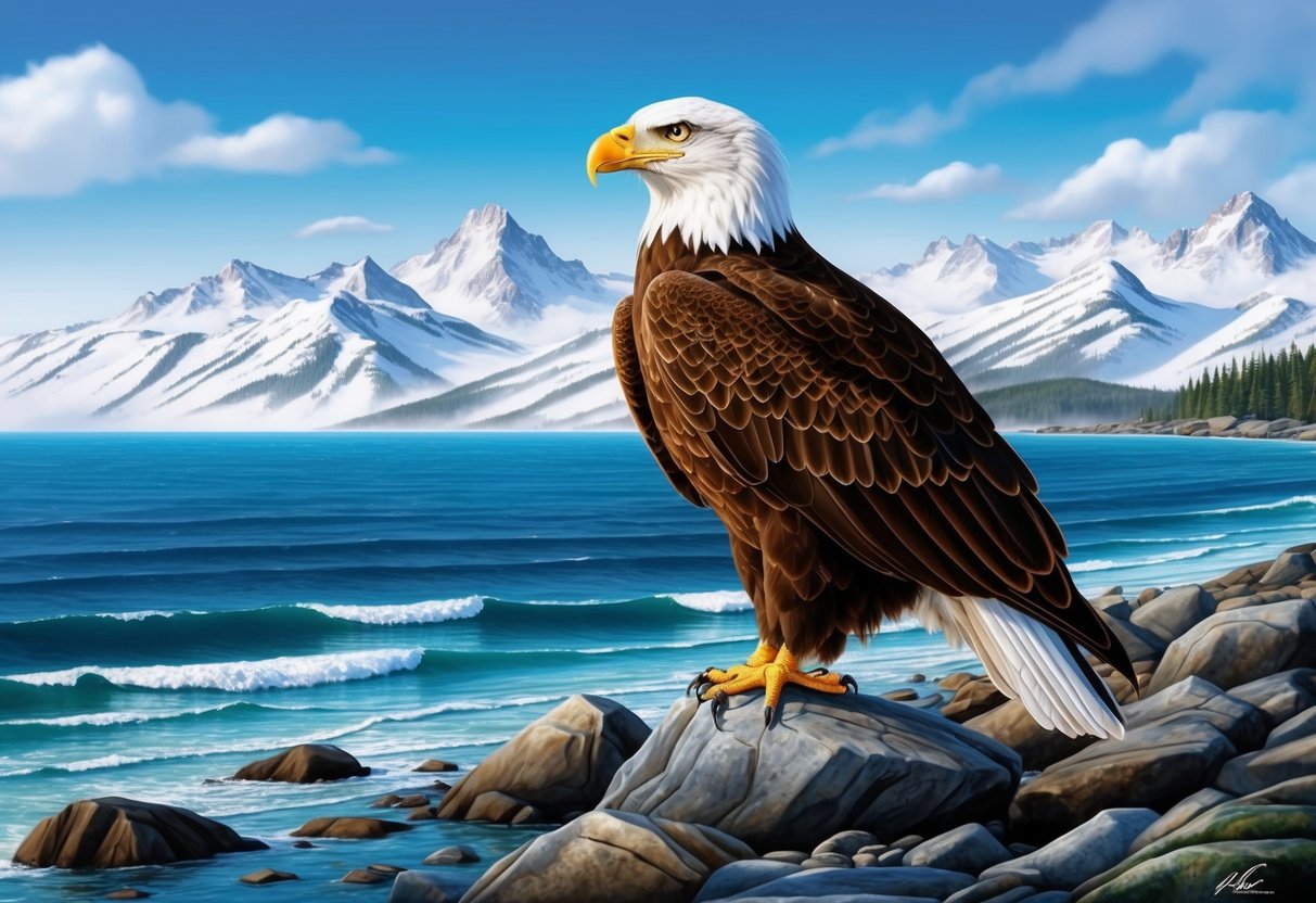 A bald eagle perched on a rocky shoreline, with snow-capped mountains in the background and a serene ocean stretching out in front