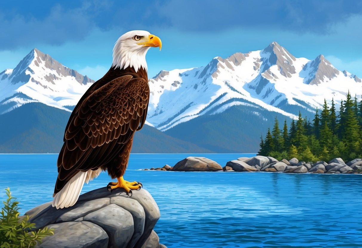 A bald eagle perches on a rocky outcrop overlooking the pristine waters of Kachemak Bay, with snow-capped mountains in the background
