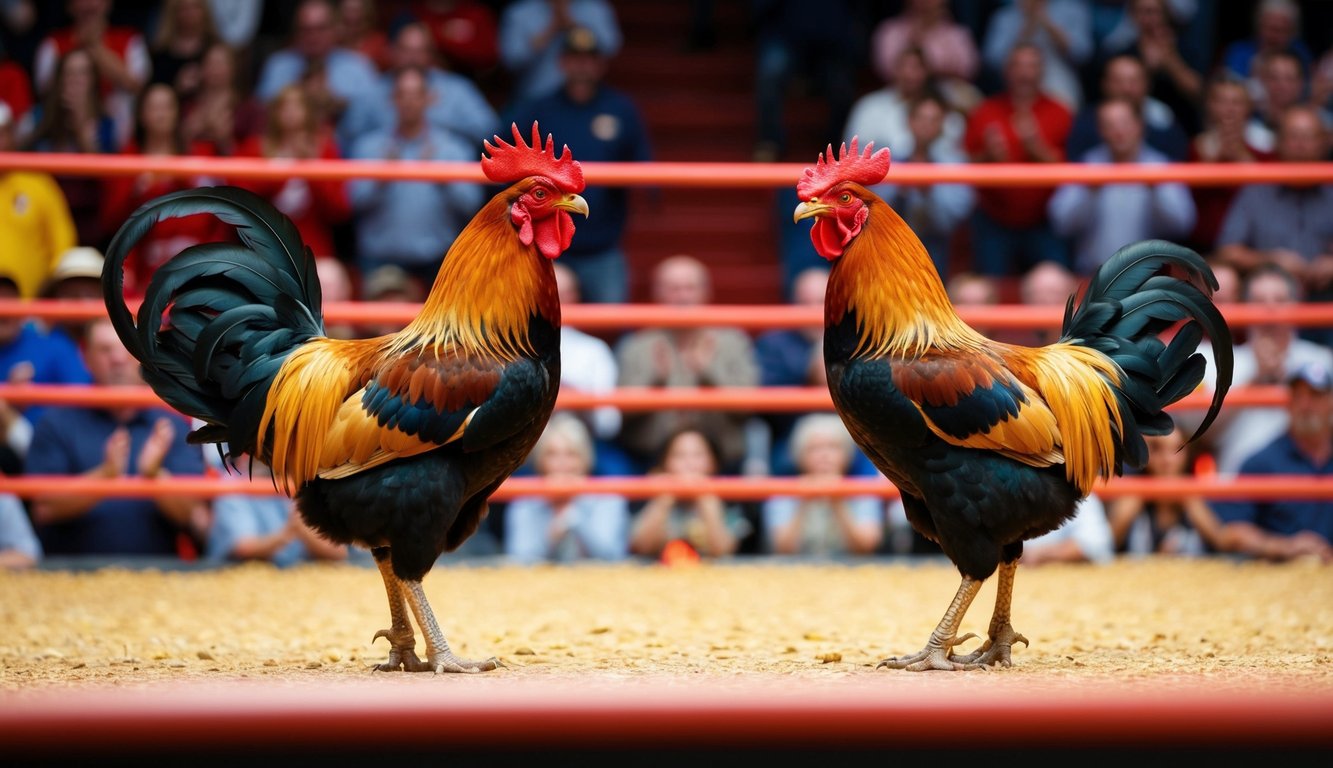 Dua ayam jantan berhadapan di arena yang ramai, dikelilingi oleh penonton yang bersorak