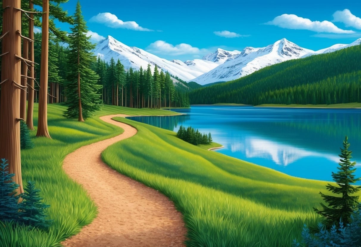 A winding trail through lush forest, with snow-capped mountains in the distance and a serene lake reflecting the clear blue sky