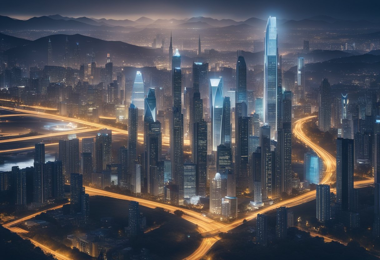 A futuristic cityscape with AI-powered buildings and smart infrastructure, contrasting with traditional real estate properties