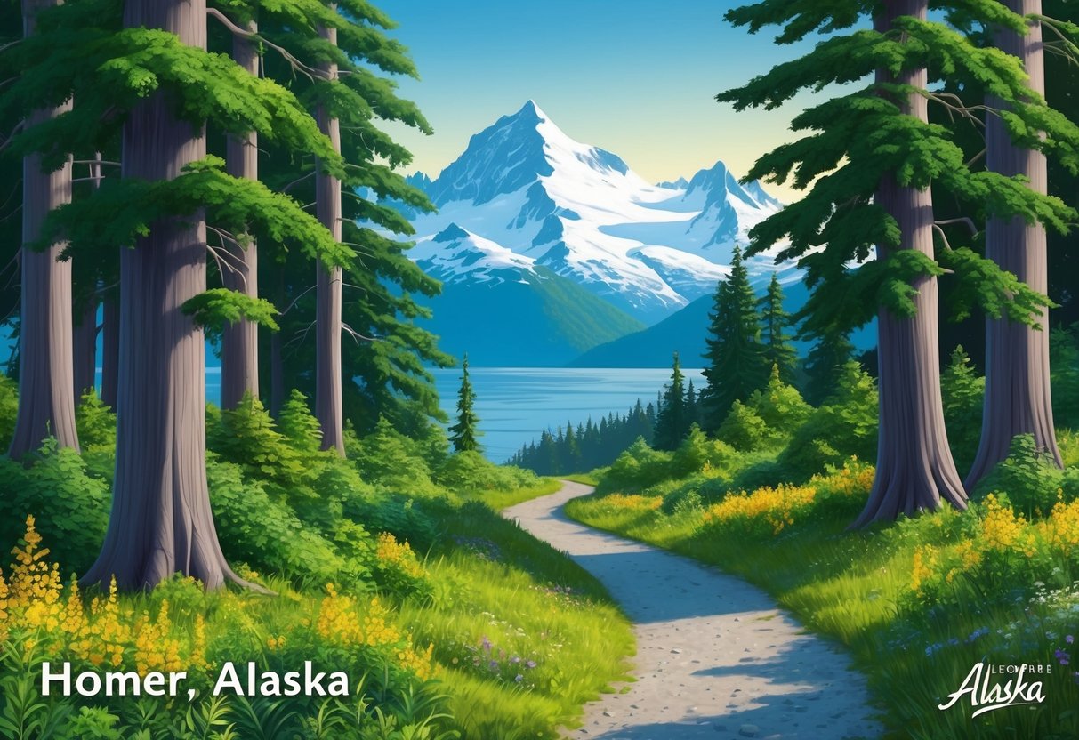 A lush forest trail winds through Homer, Alaska, with towering trees, vibrant wildflowers, and a backdrop of snow-capped mountains