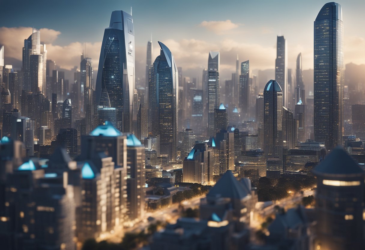 A futuristic cityscape with AI-powered buildings towering over traditional real estate properties