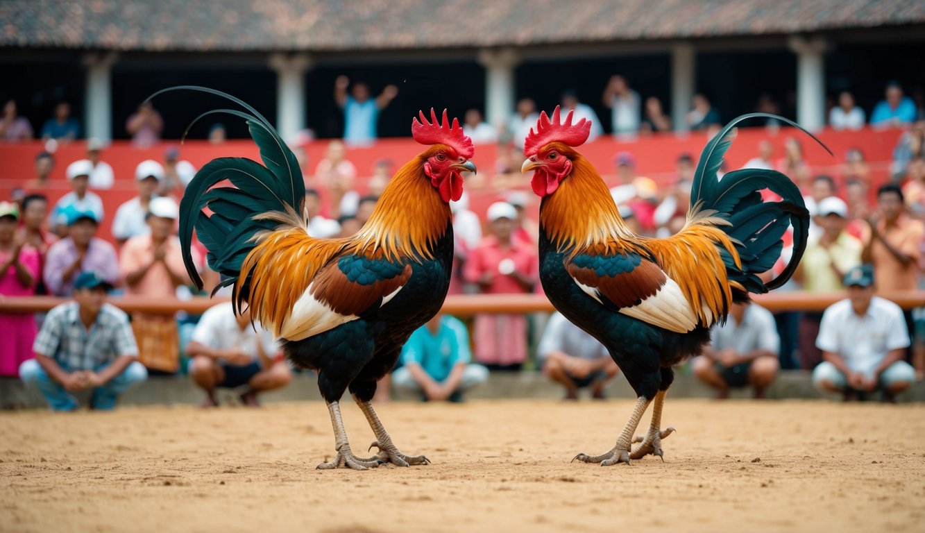 Dua ayam jantan berhadapan di arena sabung ayam tradisional Indonesia yang dikelilingi oleh penonton yang bersorak.