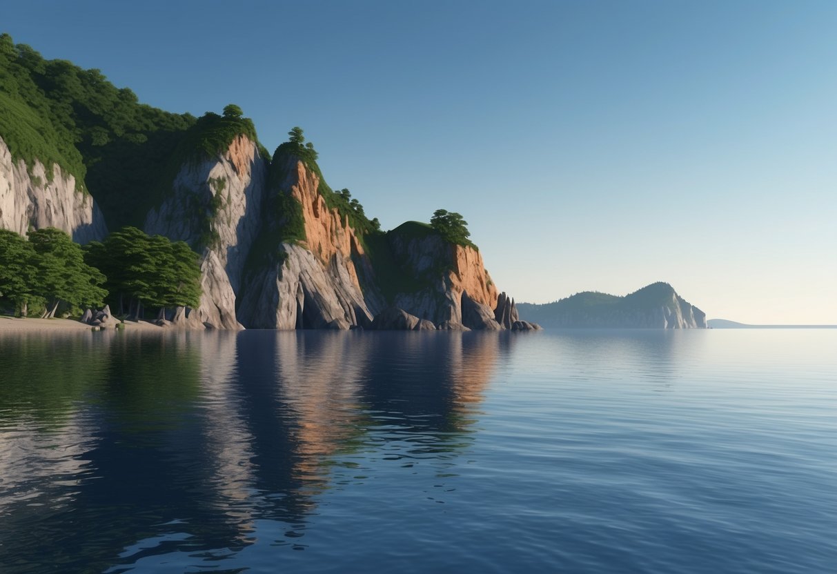 A serene bay with rugged cliffs, lush forests, and a calm, reflective water surface