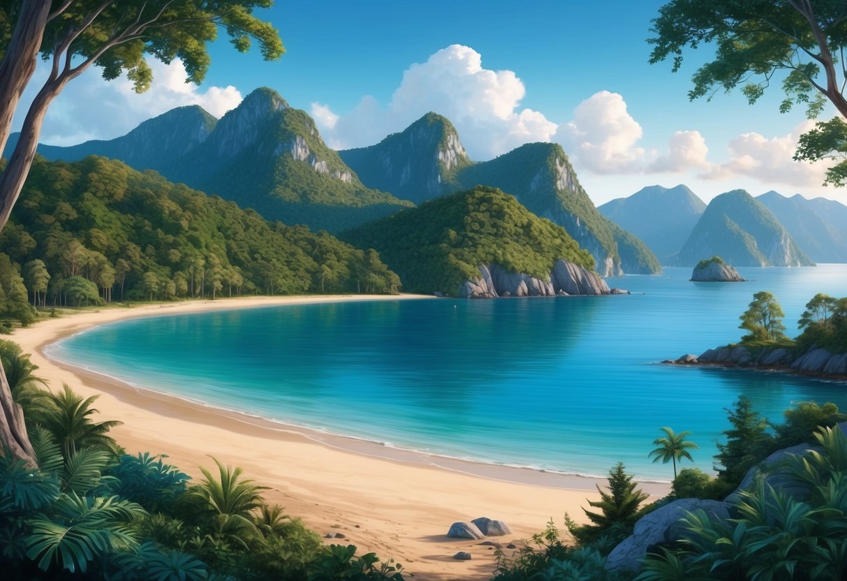 A serene bay surrounded by lush forests and rugged mountains, with a tranquil beach and clear blue waters