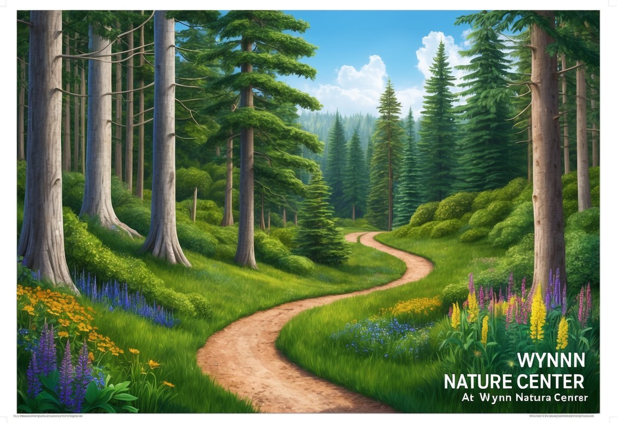 Lush forest with winding trails, towering spruce trees, and vibrant wildflowers at Wynn Nature Center