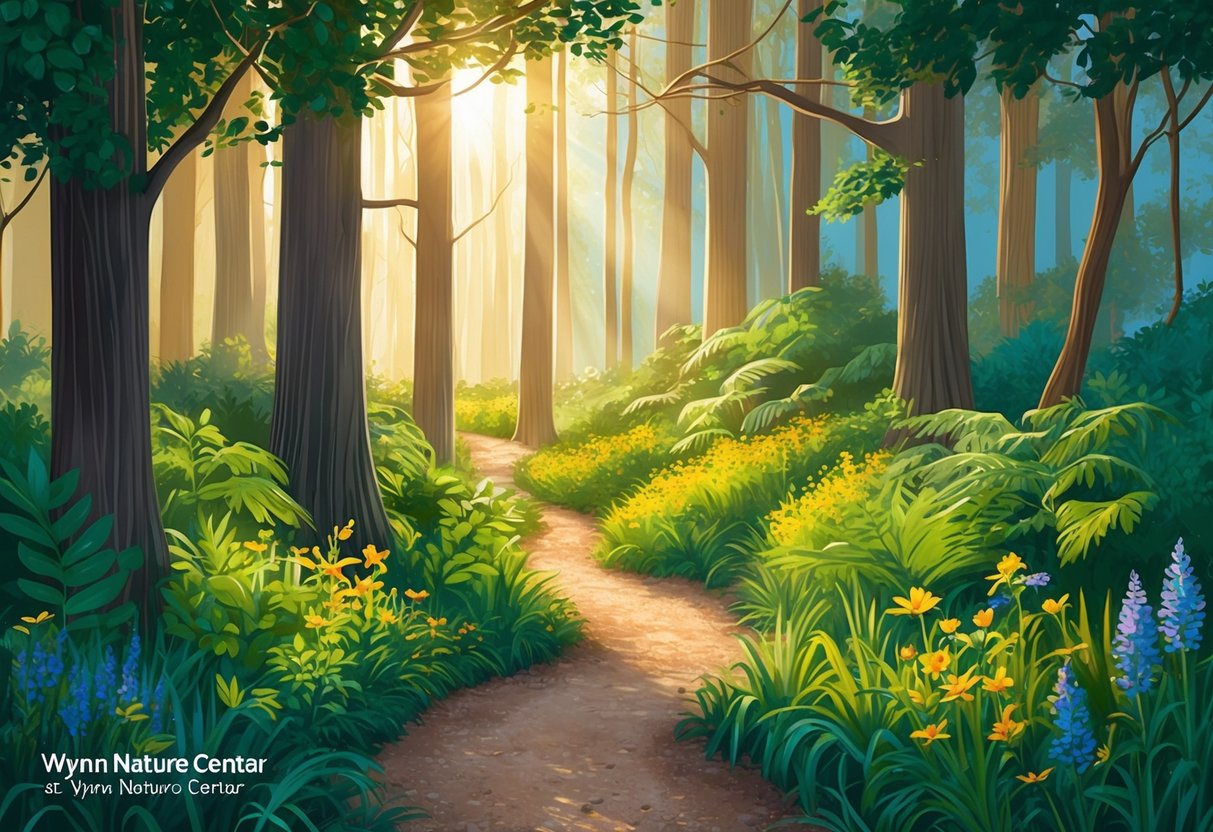 Sunlight filters through dense foliage, illuminating a winding trail lined with towering trees and vibrant wildflowers at Wynn Nature Center