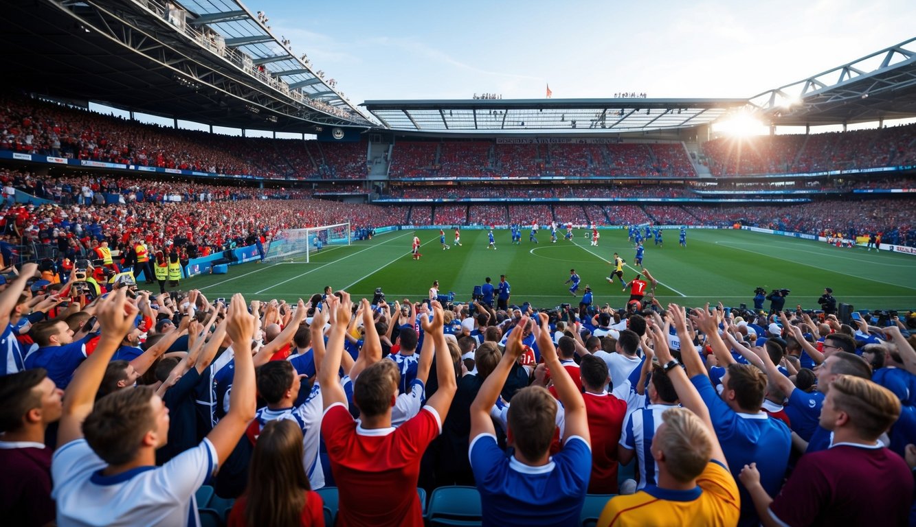 Sebuah stadion olahraga yang ramai dengan penggemar yang bersorak dan pemain yang sedang beraksi