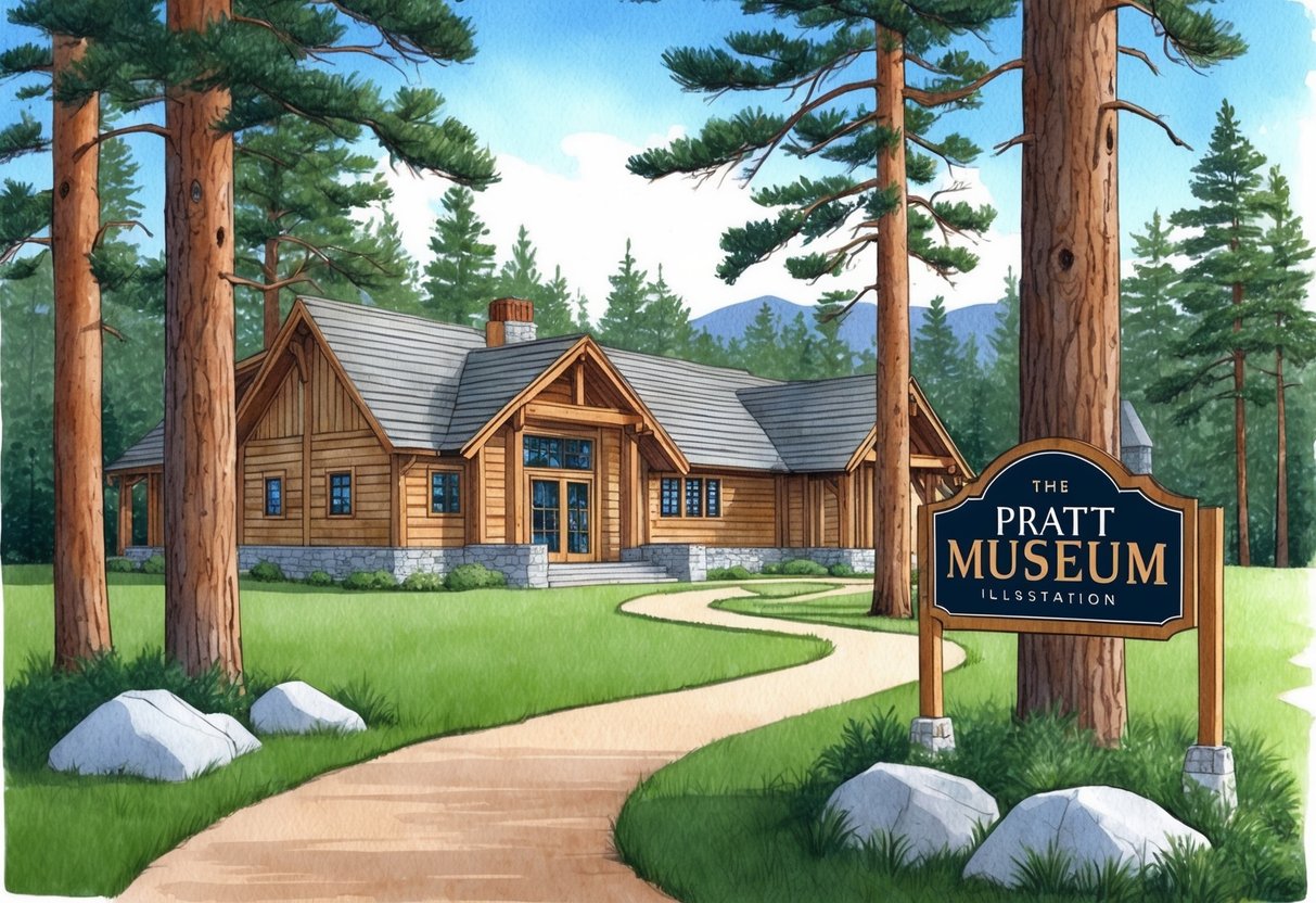 The Pratt Museum sits nestled among tall pine trees, its rustic wooden exterior blending seamlessly with the natural surroundings. A winding path leads visitors to the entrance, where a sign proudly displays the museum's name