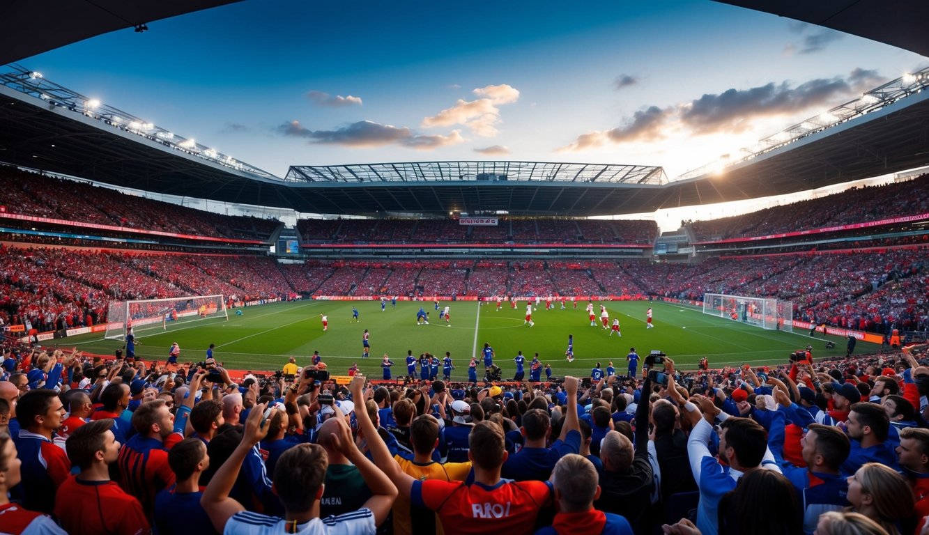 Sebuah stadion olahraga yang ramai dengan penggemar yang bersorak dan pemain yang beraksi di lapangan