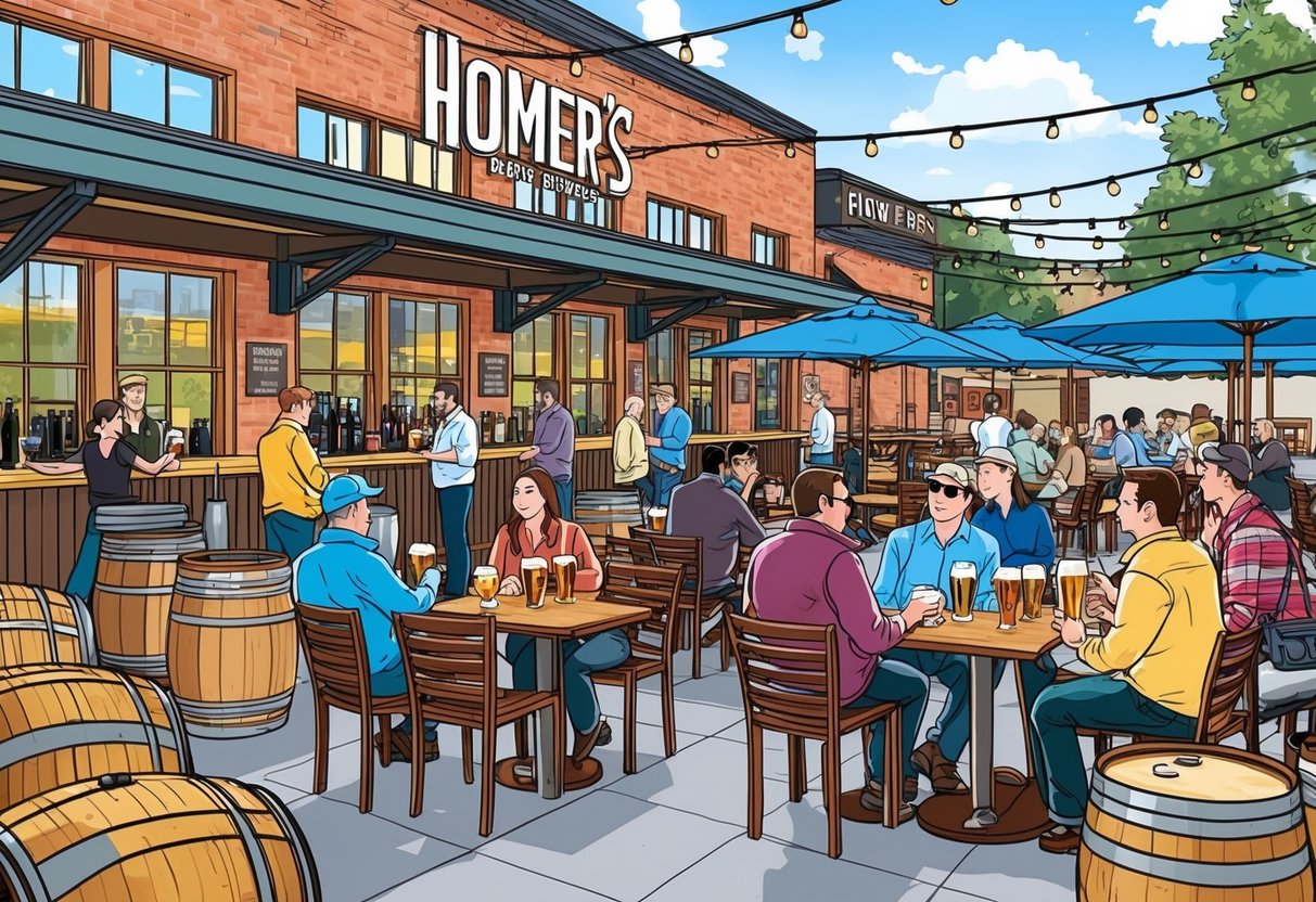 A bustling scene at Homer's craft breweries, with patrons sampling beers and enjoying the outdoor seating area. Brewery equipment and barrels line the walls, creating a cozy and inviting atmosphere