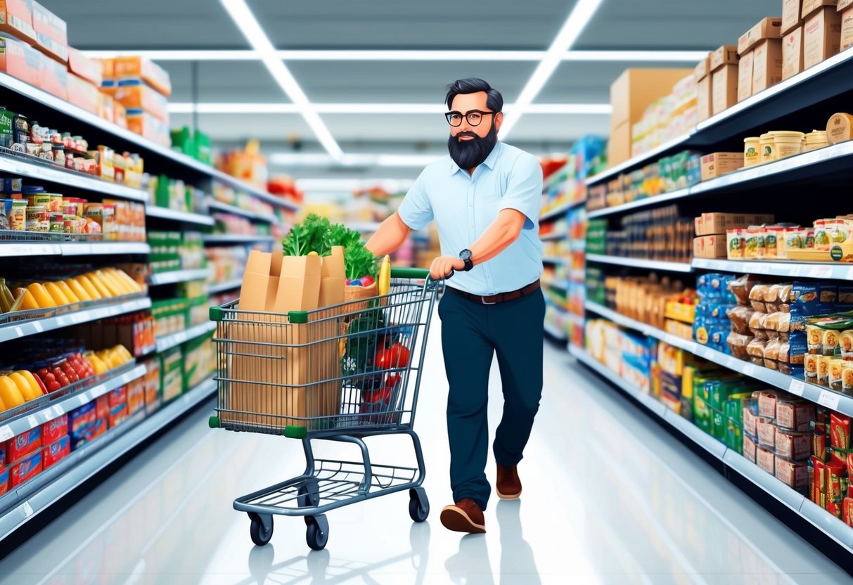 A man with a beard and glasses is pushing a shopping cart filled with groceries down the aisle of a crowded supermarket