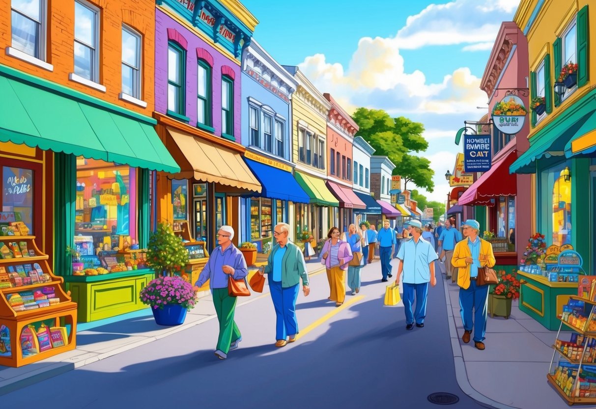 A bustling street lined with eclectic storefronts, each with its own vibrant display of goods and wares. Shoppers weave through the colorful scene, taking in the unique offerings of Homer's distinctive shops