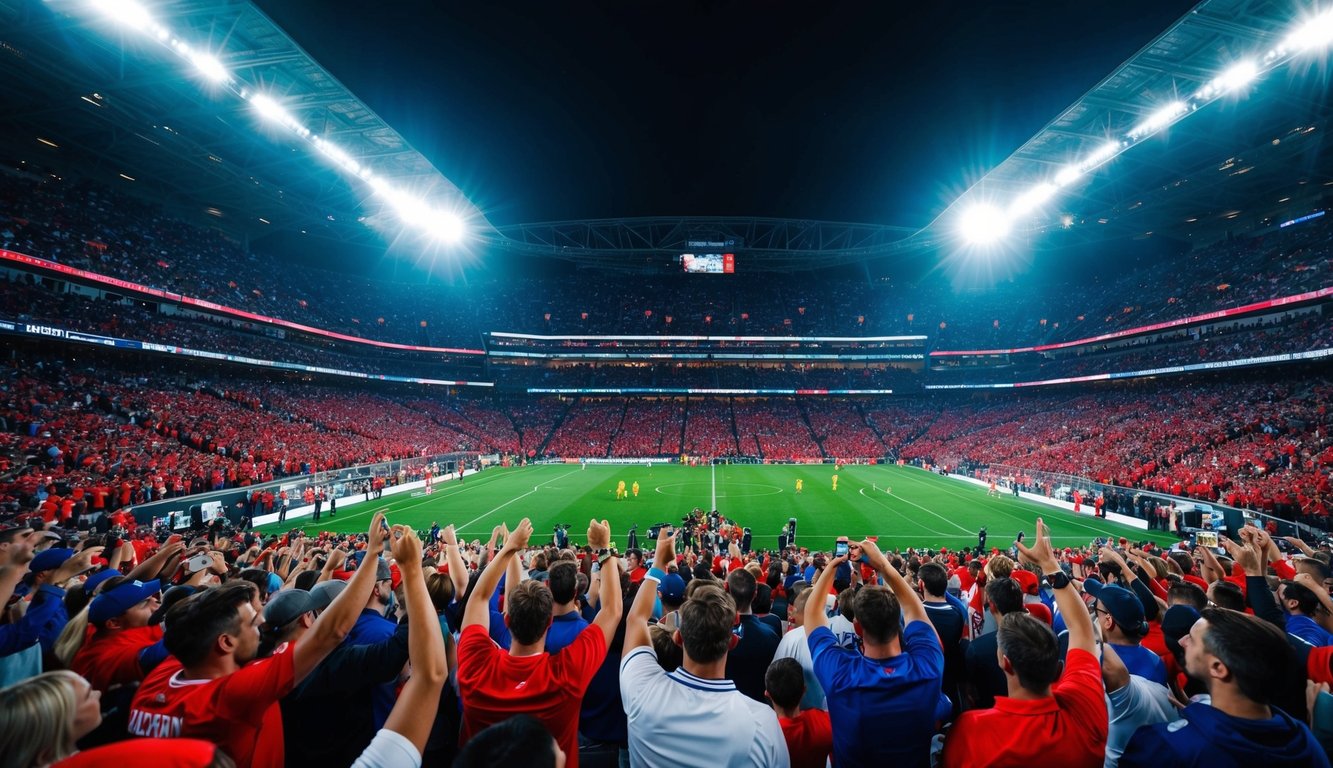 Sebuah stadion olahraga yang ramai dengan penggemar yang bersorak dan lampu yang terang