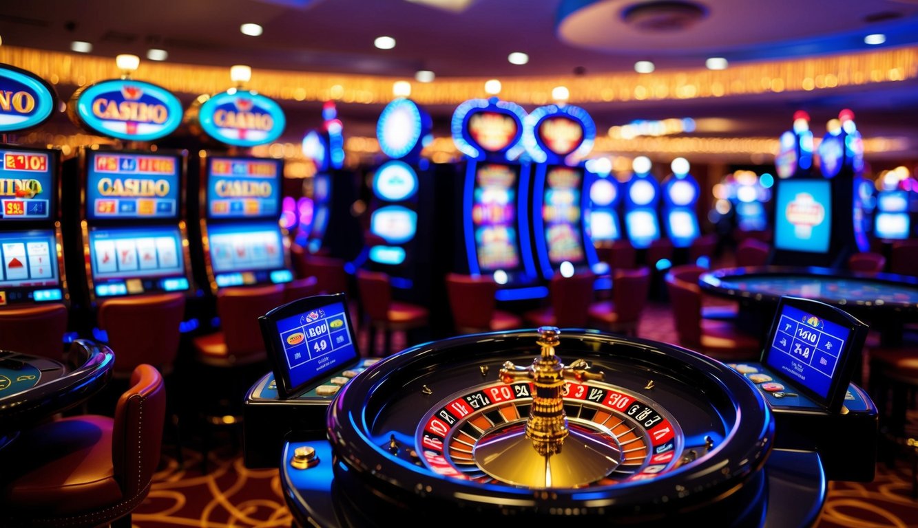 Sebuah kasino online yang hidup dengan mesin slot, meja kartu, dan roda roulette, dikelilingi oleh lampu berkedip dan suasana yang ramai