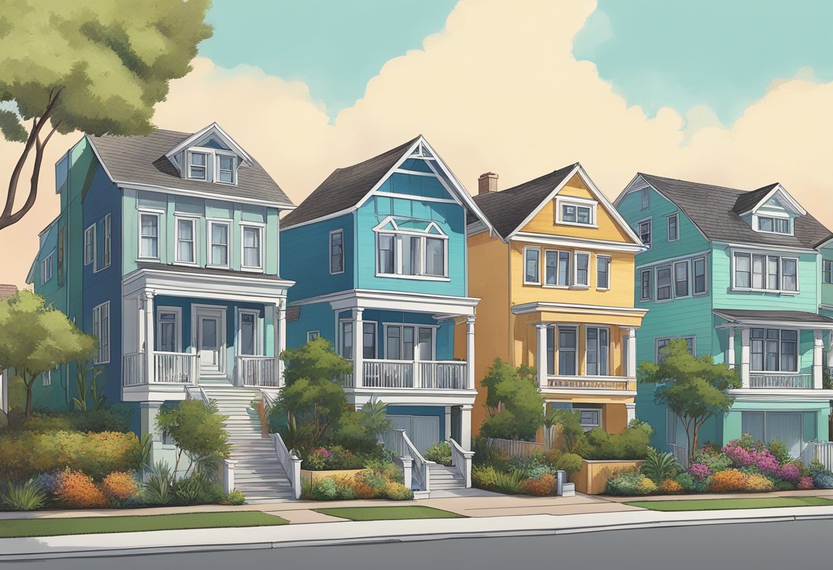 A row of colorful two-story homes line the streets of long beach, each with unique architectural details and well-maintained landscaping