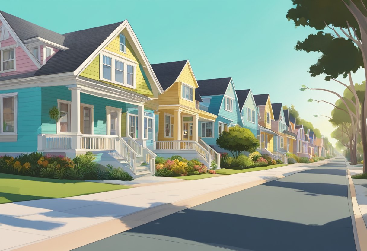 A row of colorful two-story homes line a tree-lined street in long beach, with neatly manicured lawns and a clear blue sky overhead